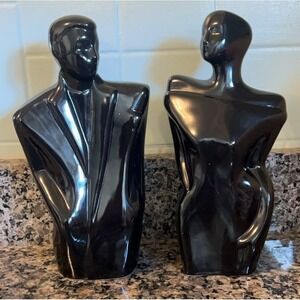 Ceramic Sculptures-Set of 2-Lindsey Balkweill Style Art-Deco Black Glossy 80's